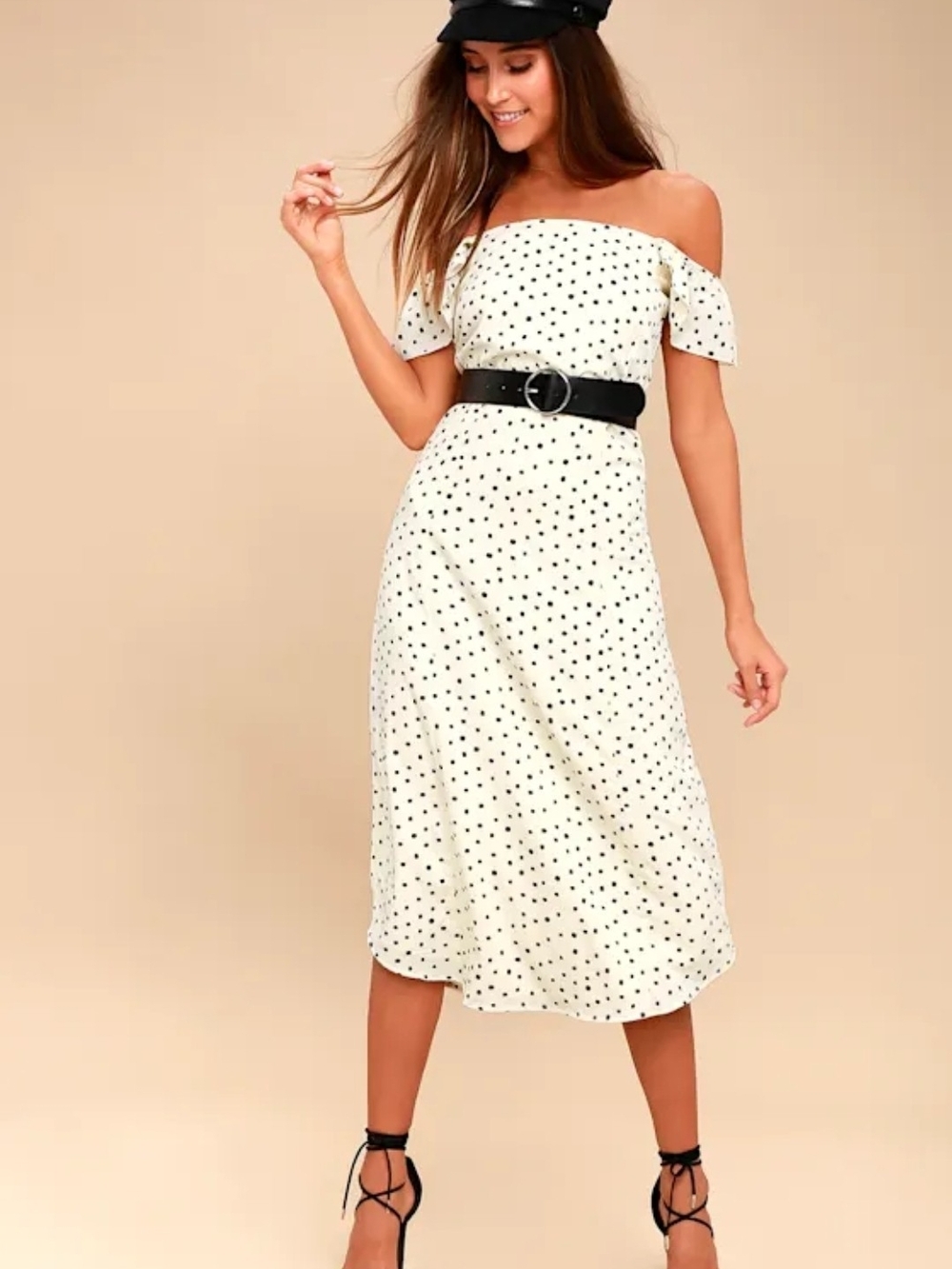 Sweeter Than You Cream Polka Dot Off-the-Shoulder Midi Dress